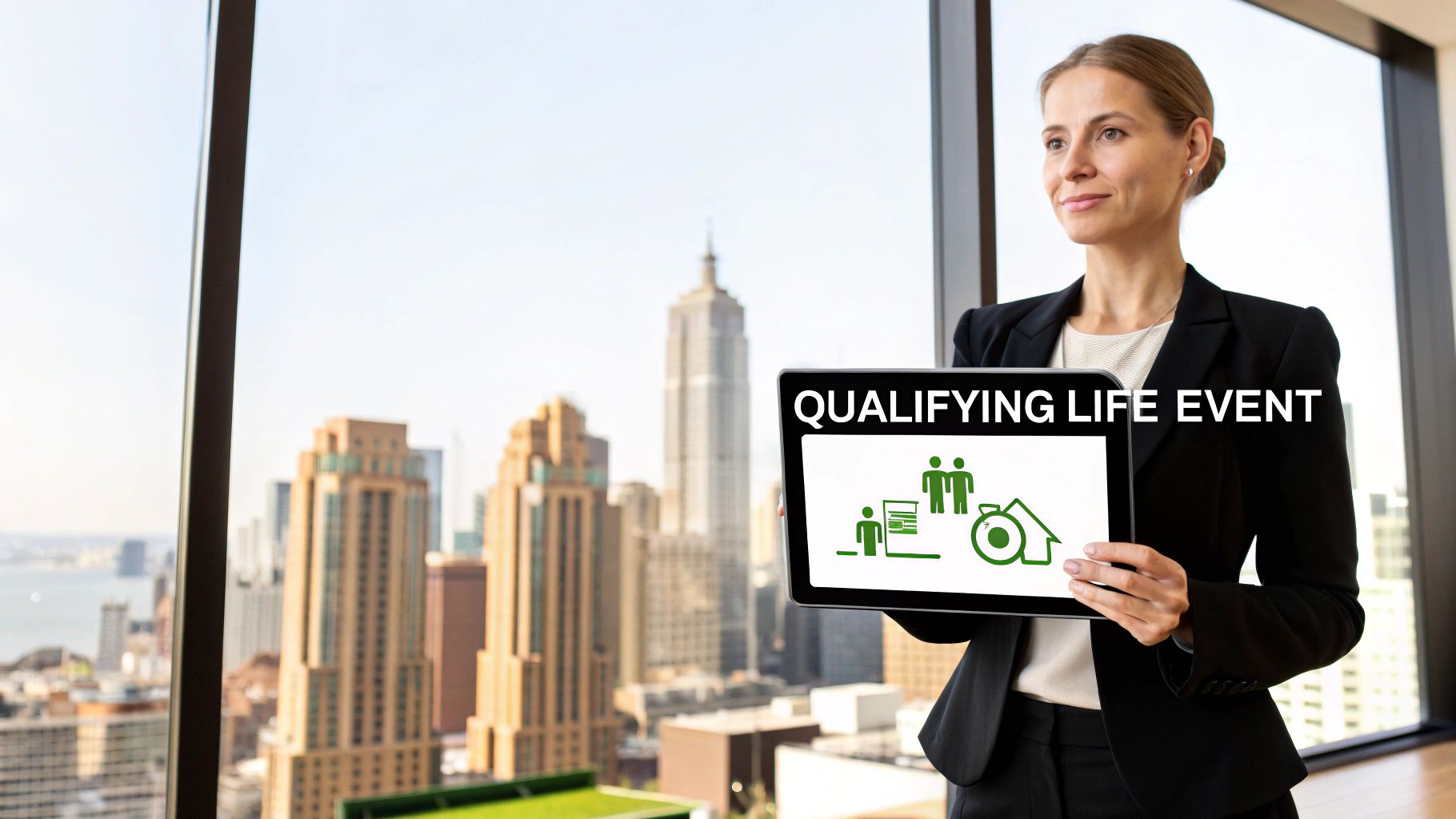 Businesswoman holding a tablet displaying 'Qualifying Life Event' and relevant icons, in an office with a city view.