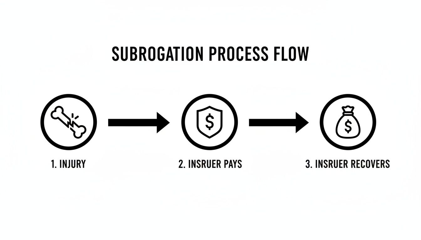 Flowchart illustrating the subrogation process: injury, insurer payment, and insurer recovery of funds.
