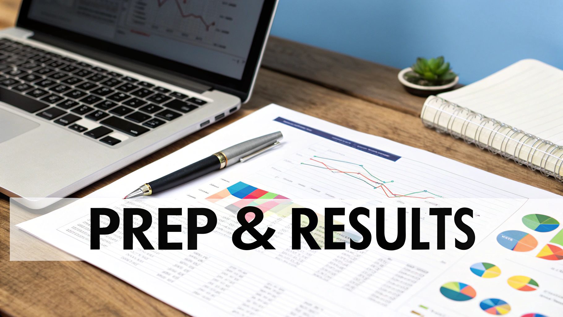 A laptop, pen, and document with graphs and charts on a wooden desk with 'PREP & RESULTS' overlay.