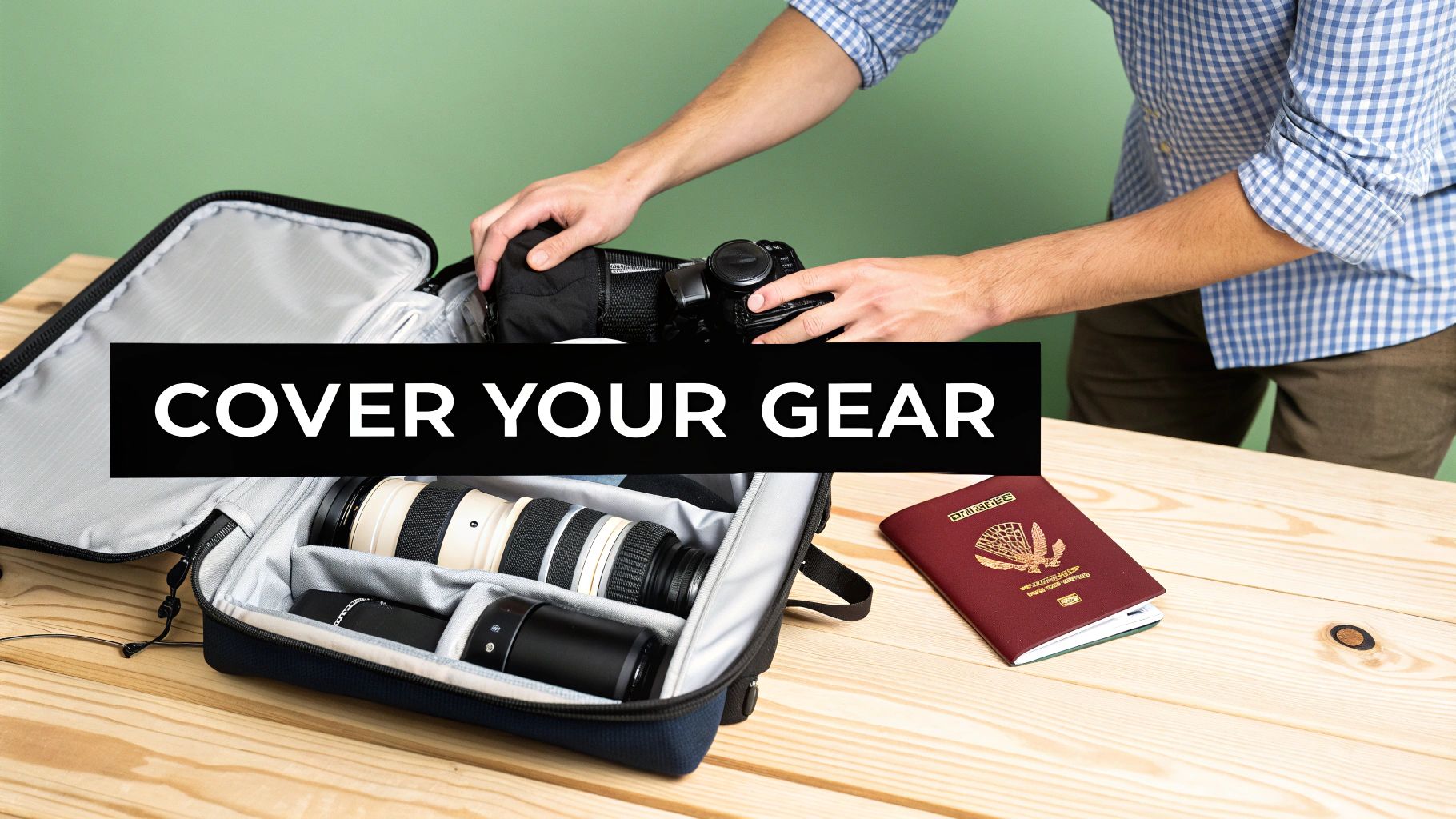 A person carefully packing a camera body and multiple lenses into a protective travel bag on a wooden table, with a passport nearby.