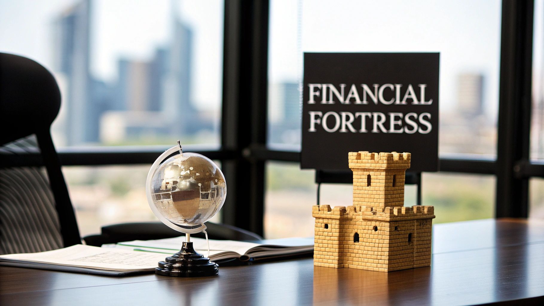 An office desk features a globe, castle model, and 'FINANCIAL FORTRESS' sign, with a city view.
