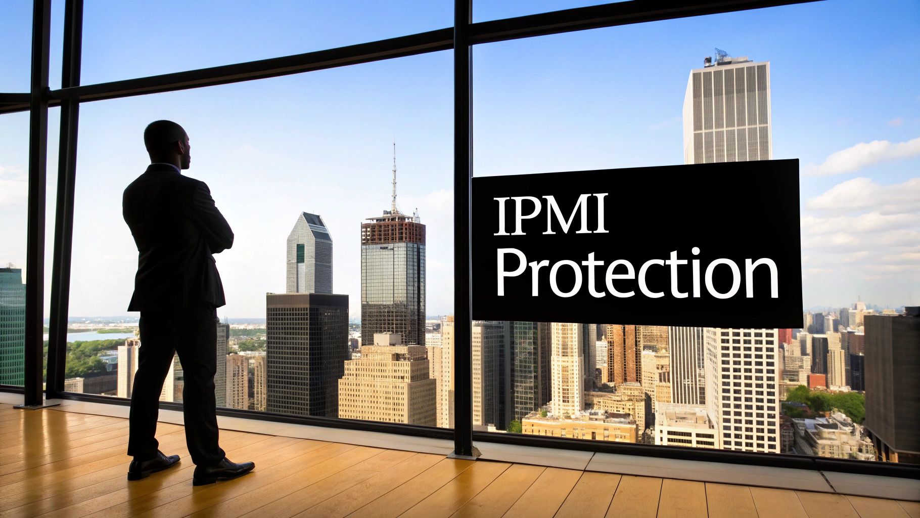 A businessman in a suit gazes at a city skyline through a window featuring an 'IPMI Protection' sign.