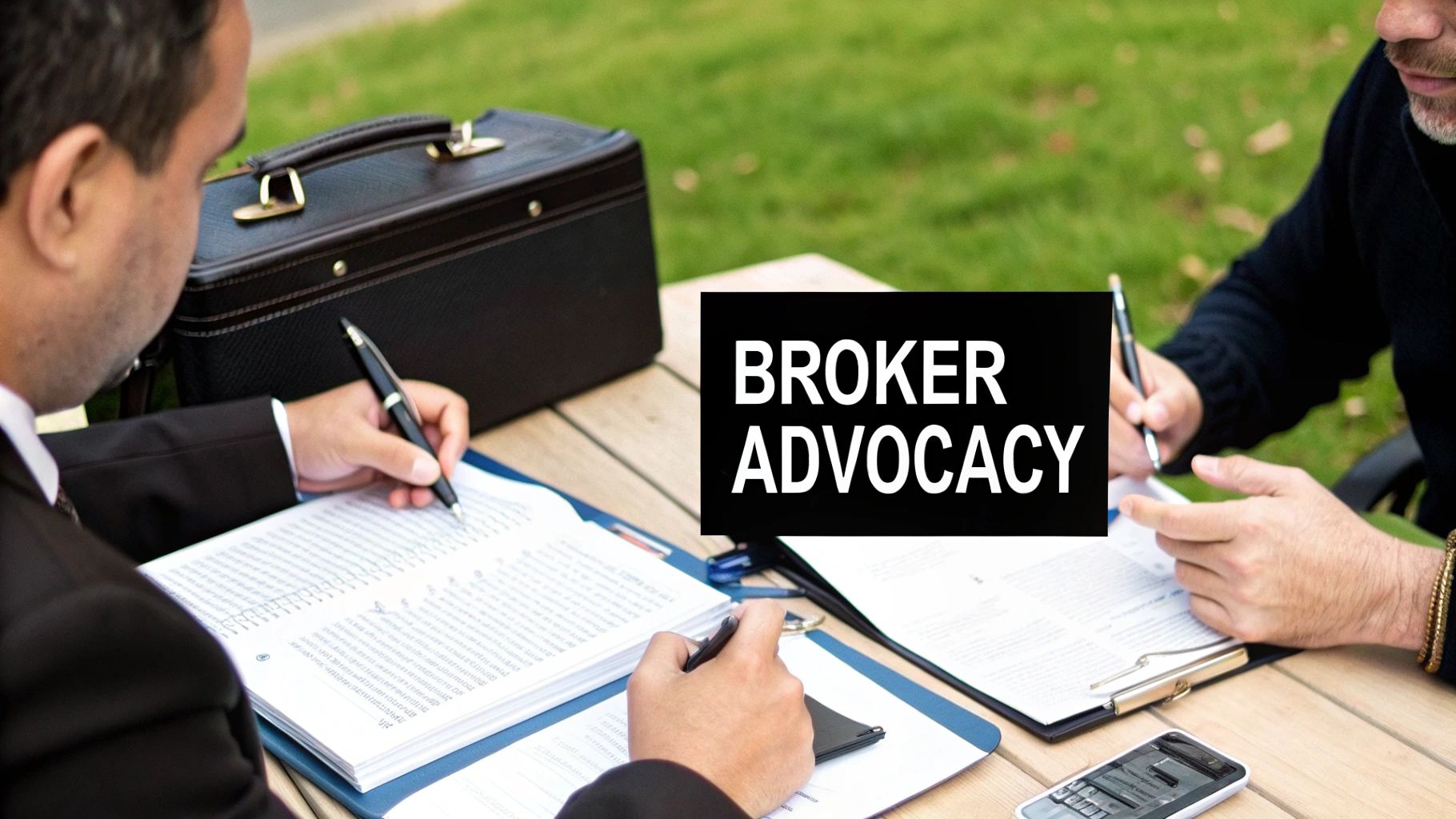 Two business professionals reviewing documents and discussing broker advocacy services at outdoor meeting