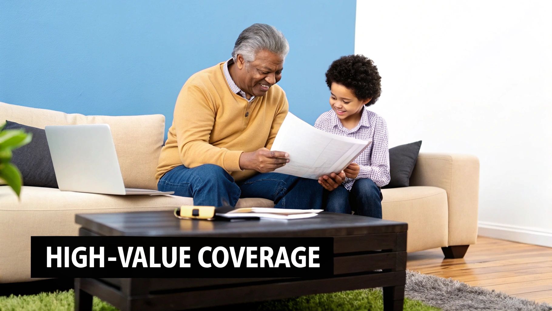 A smiling grandfather and grandson sit on a couch, happily reviewing important documents together.