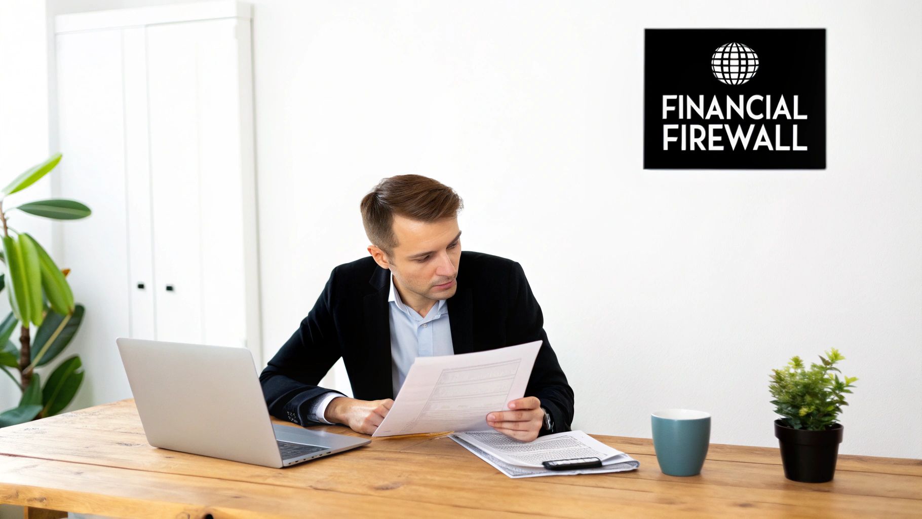 A businessman reviews financial documents at a wooden desk with a laptop and a "Financial Firewall" sign.