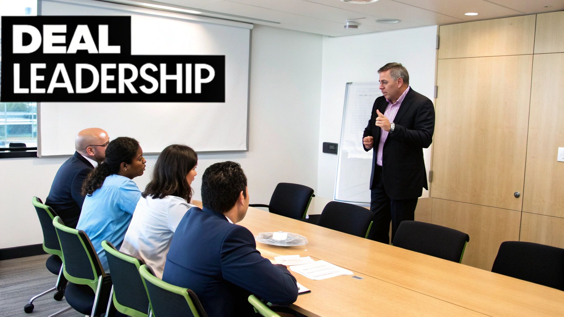 A group of senior professionals in a strategic meeting, looking decisive.