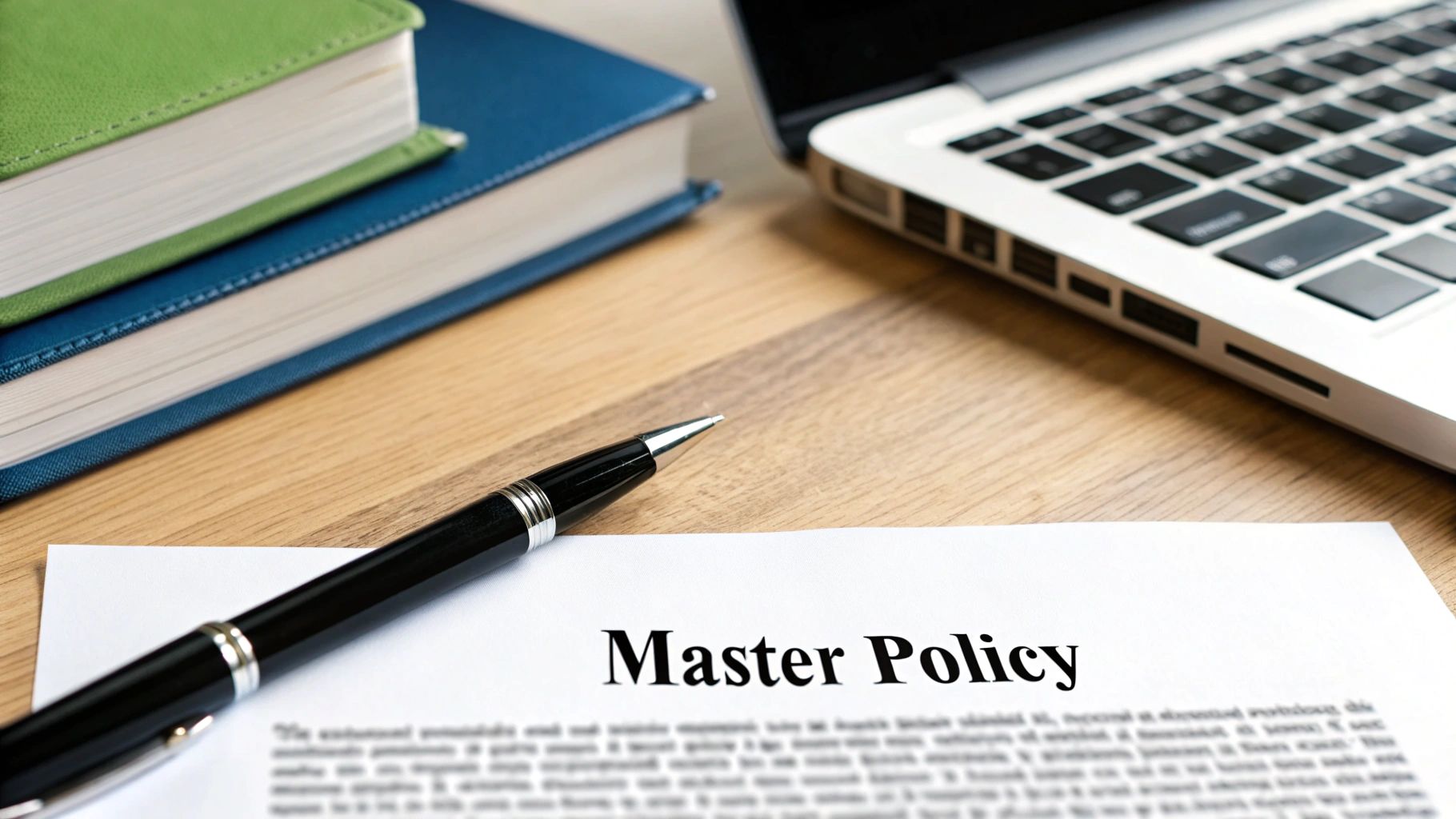 A professional reviewing insurance policy documents at a modern desk, symbolizing the administrative structure of a group plan.