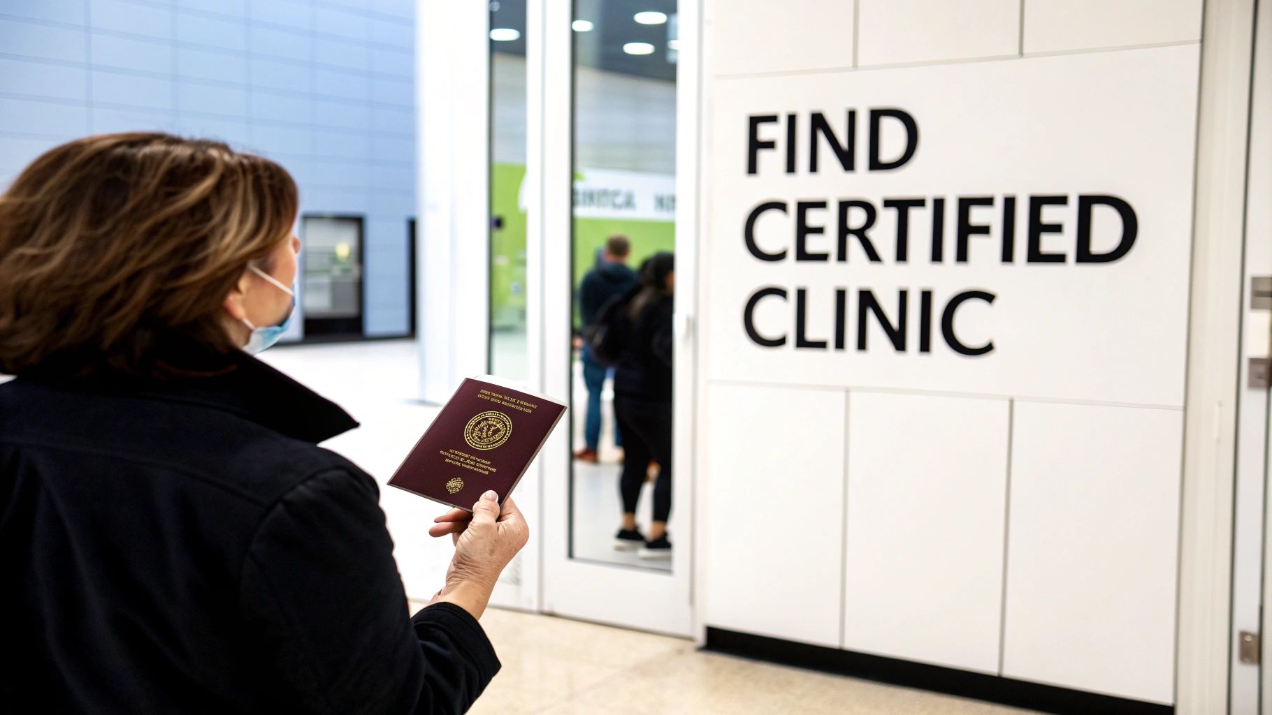 A healthcare professional preparing a vaccine in a modern, clean clinic environment.