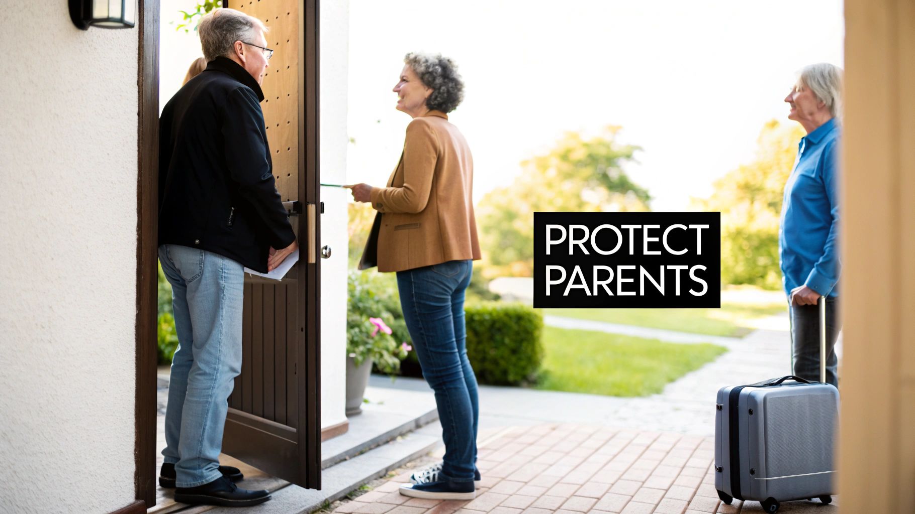 An older couple walking arm-in-arm with their adult child, smiling together.