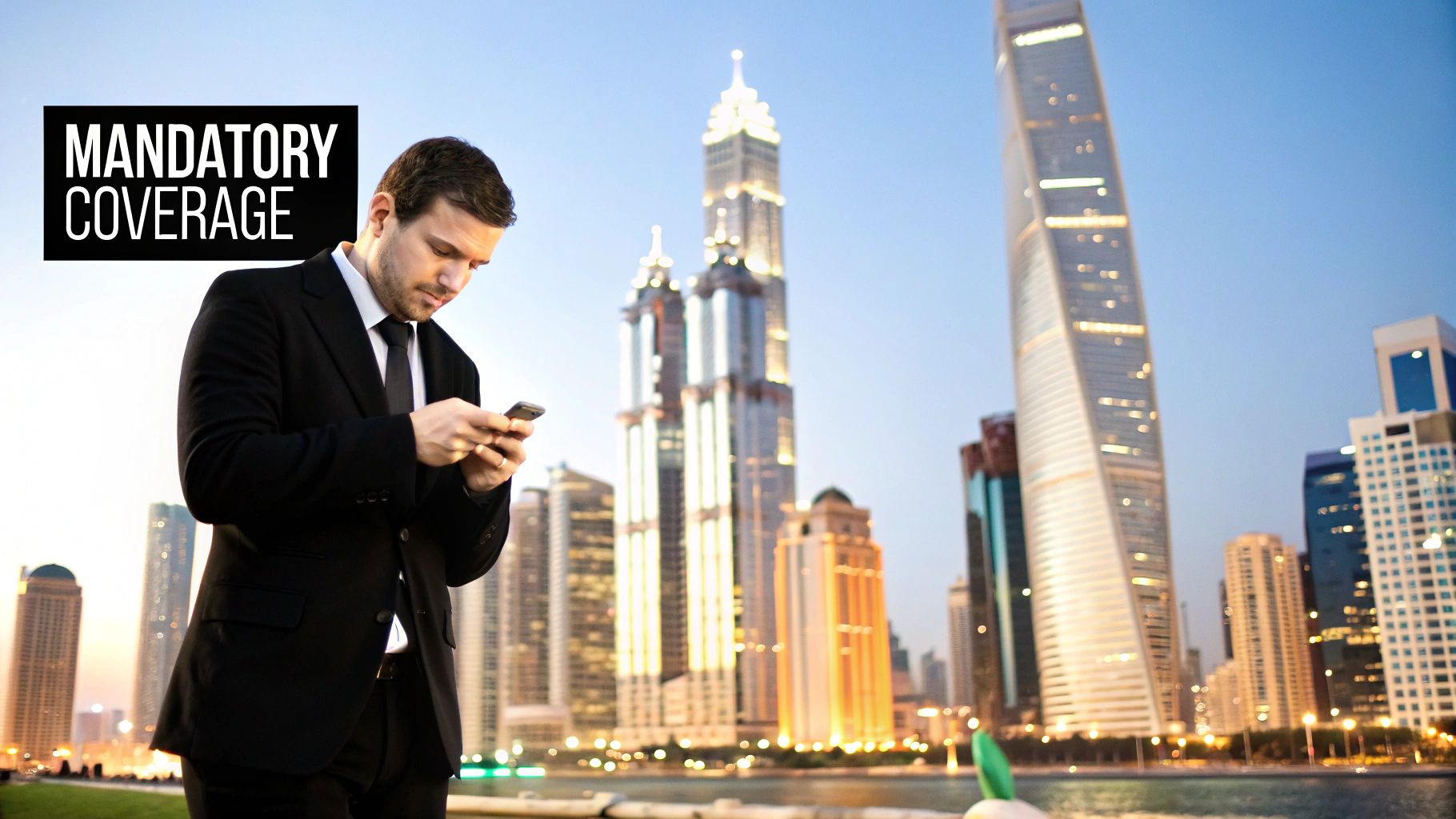 A businessman in a suit uses his phone with a modern city skyline and 'MANDATORY COVERAGE' text.