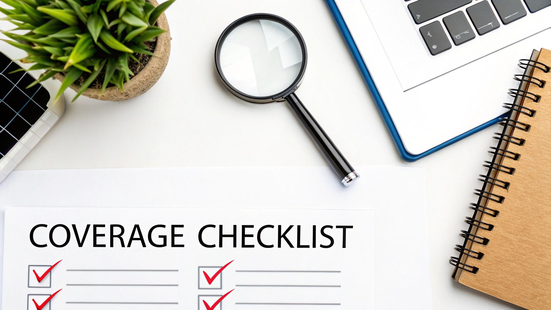 A desk with a 'COVERAGE CHECKLIST' document, magnifying glass, laptop, and plant, suggesting insurance review.