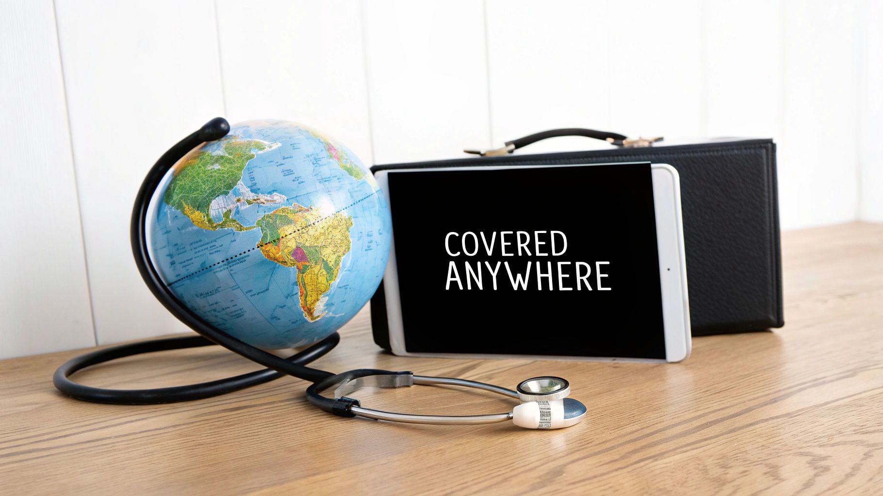 A globe, stethoscope, tablet displaying 'COVERED ANYWHERE', and briefcase, symbolizing global travel insurance.