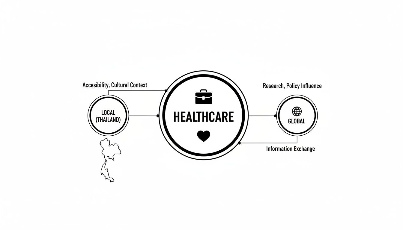 Diagram showing local Thailand healthcare interacting with global healthcare via accessibility, research, and information exchange.