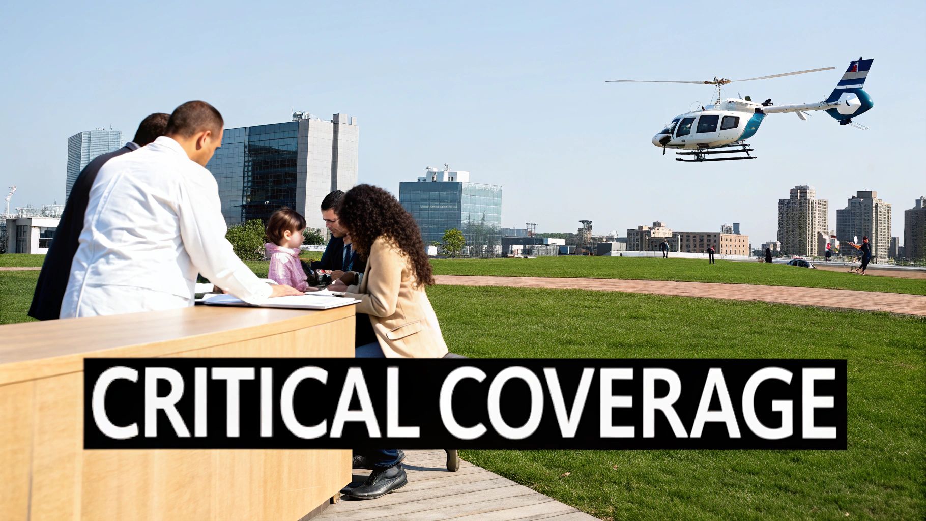 Outdoor business meeting with adults and a child, a helicopter flying over city buildings.