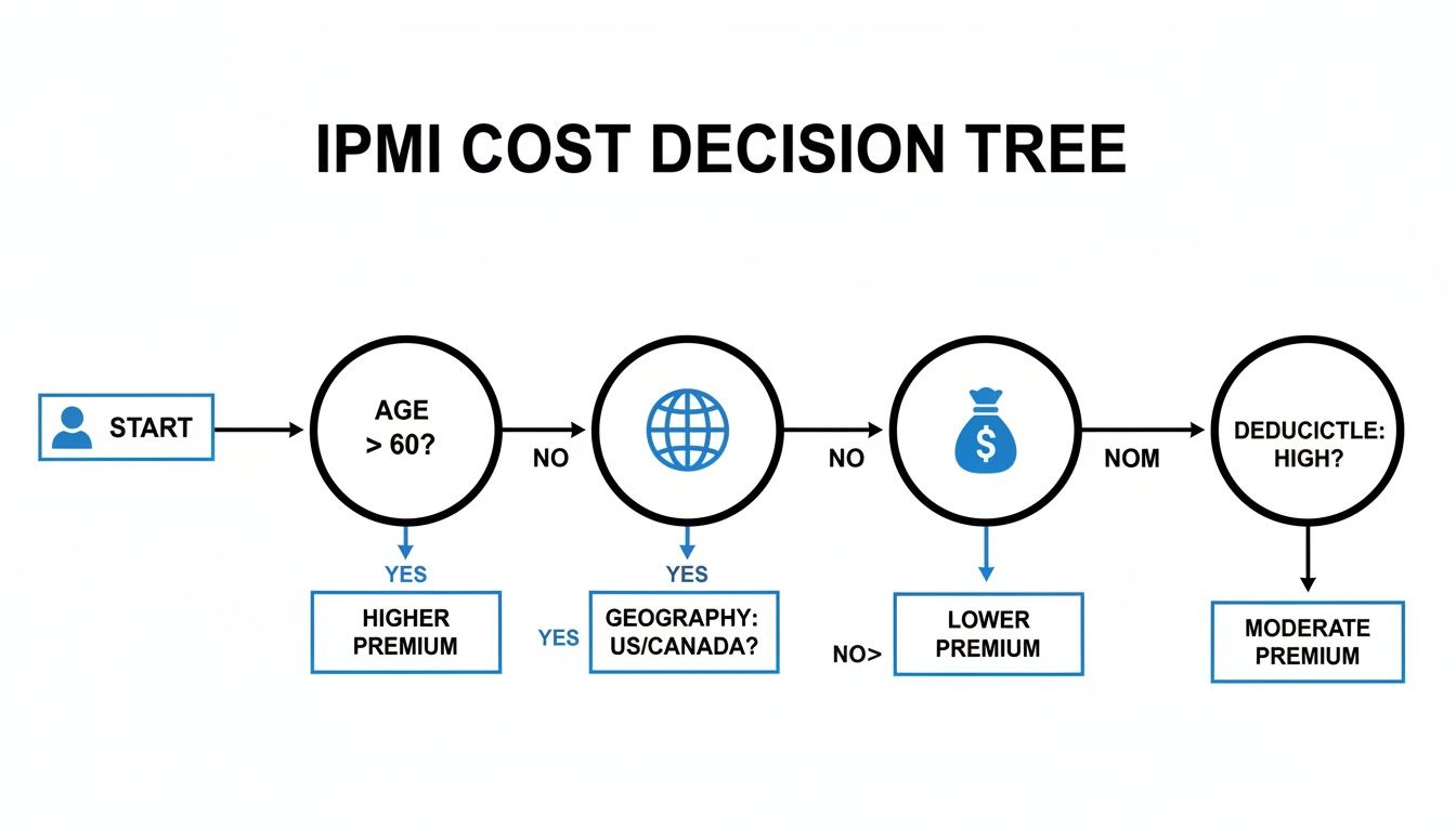 Flowchart illustrating IPMI cost decision tree based on age, geography, and deductible for insurance premiums.