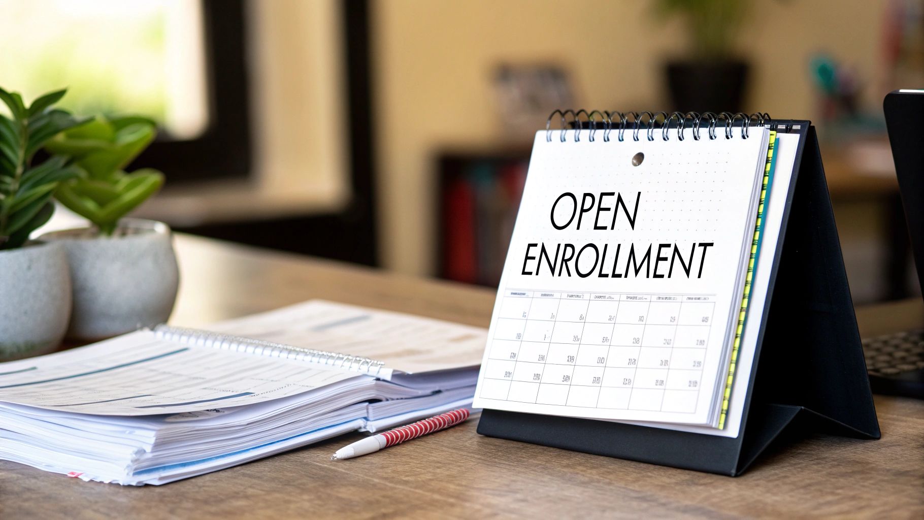 A desk calendar displaying 'OPEN ENROLLMENT' with documents and potted plants on a wooden table.