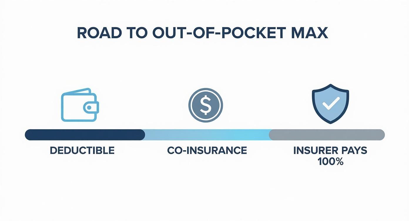 Infographic showing three stages of health insurance costs from deductible through coinsurance to out-of-pocket maximum