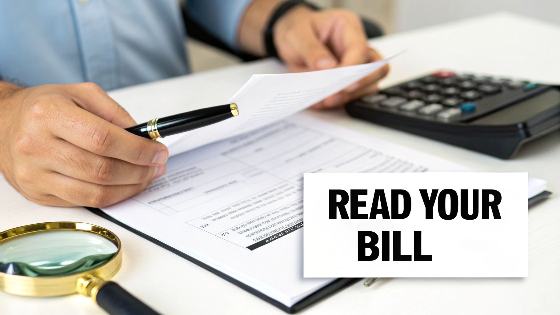 Person reviewing medical bills with calculator and magnifying glass on desk