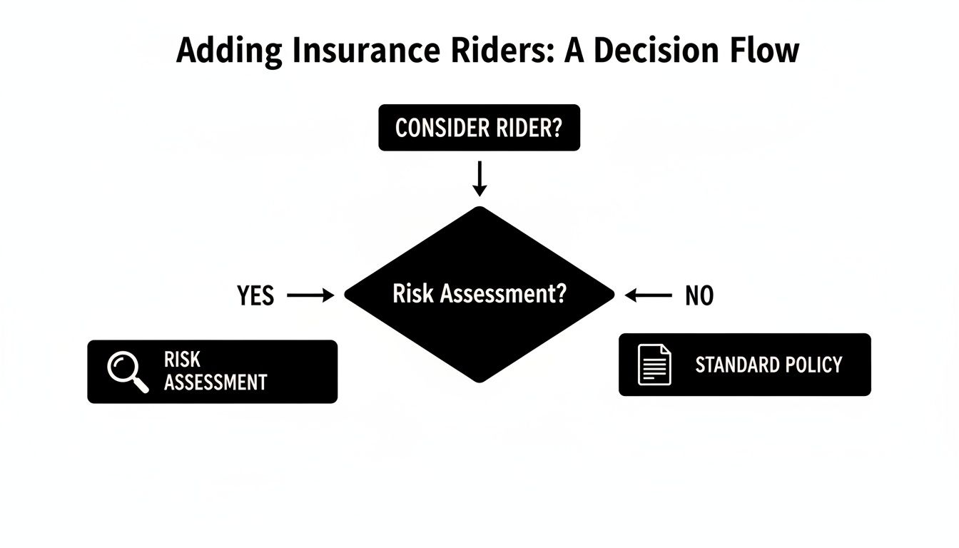 Decision flow diagram for adding insurance riders, assessing risk versus opting for a standard policy.