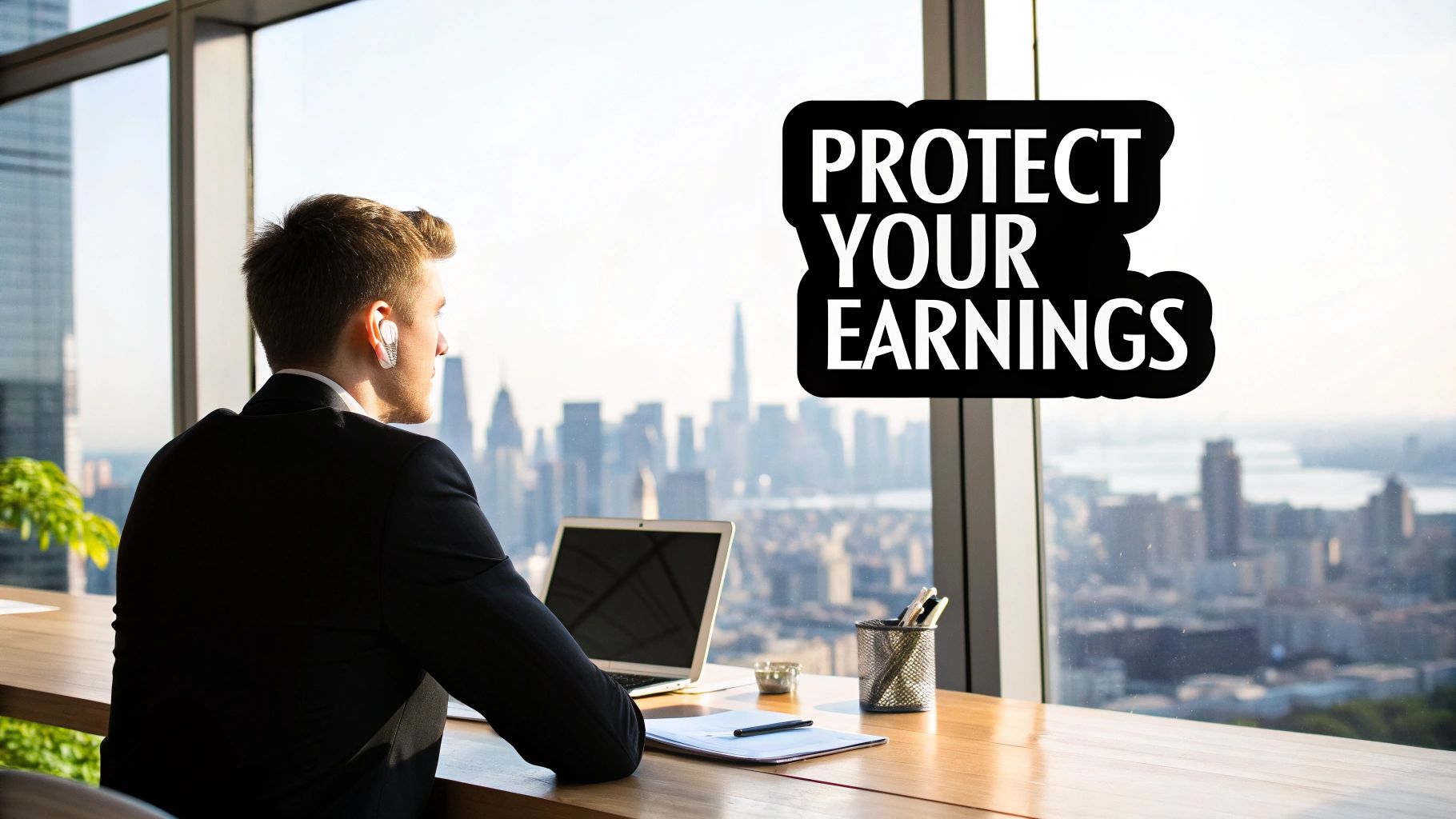 Businessman in suit looking at city skyline from office window with 'Protect Your Earnings' text.
