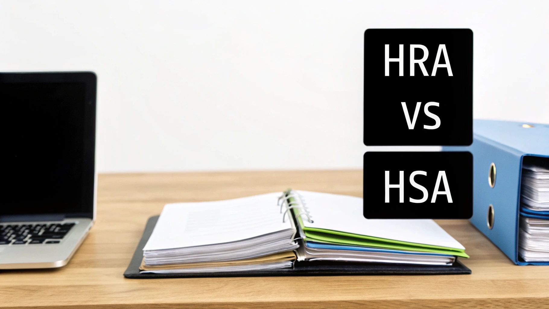 A desk with a laptop, binder, and file box, featuring text 'HRA VS HSA'.