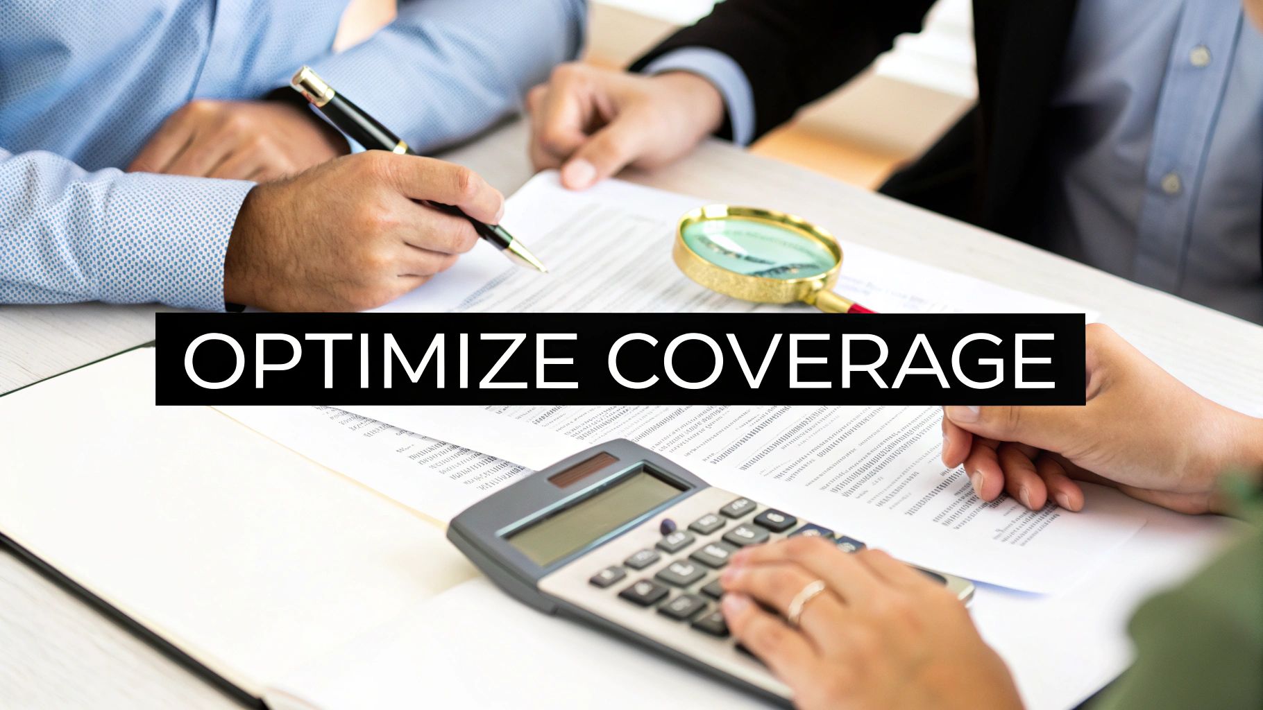 A professional reviewing insurance documents with a city skyline in the background