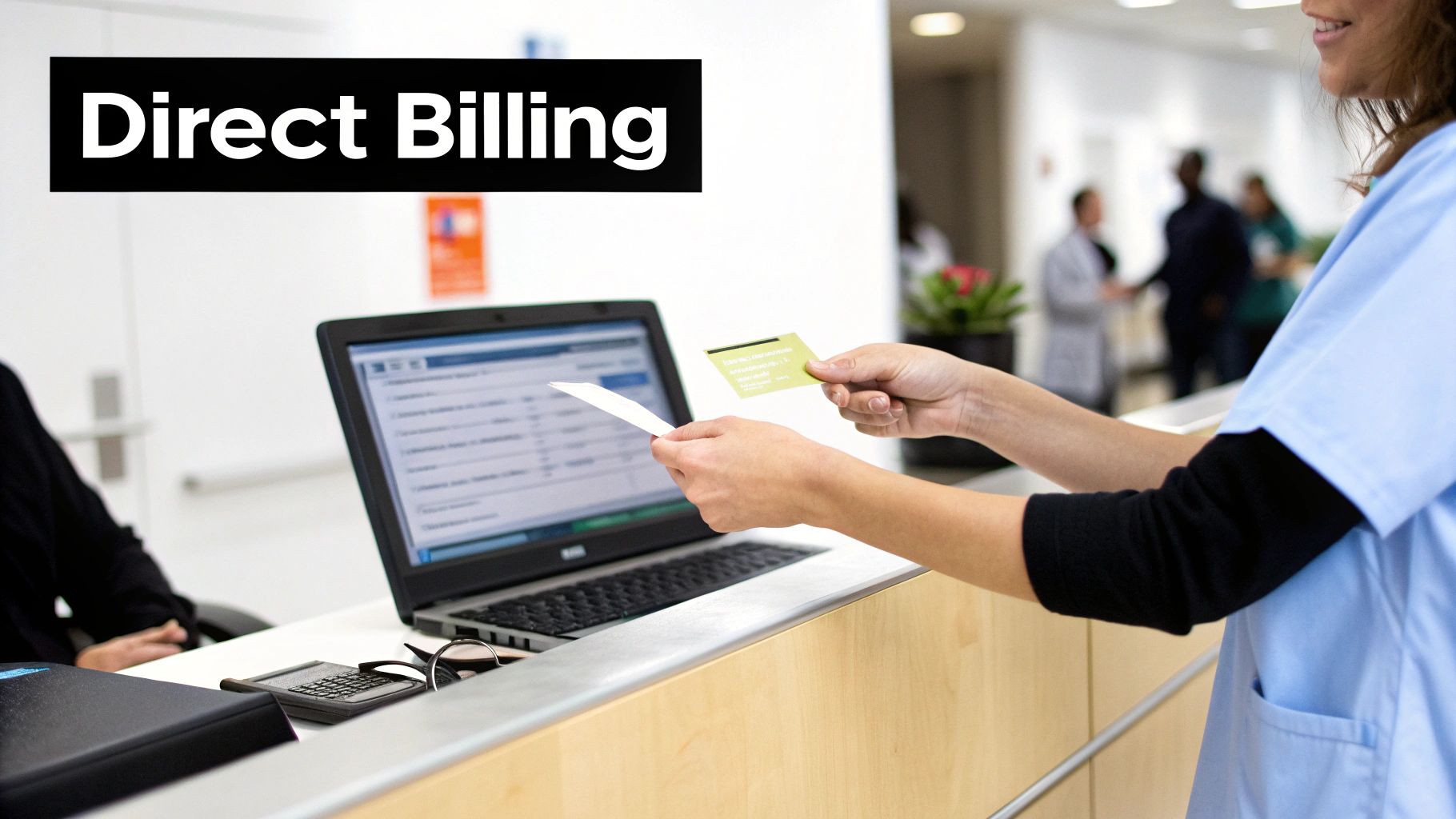 Healthcare professional at a reception desk processing a medical card and document with a laptop.