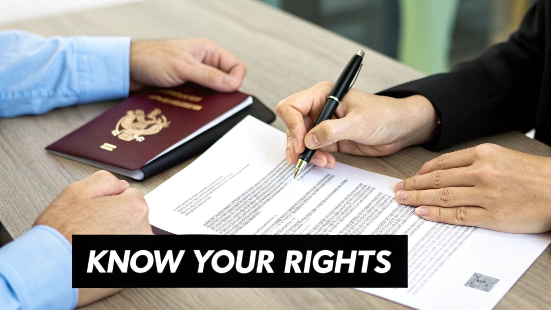Two people are at a desk, one signing a document with a pen while a passport lies nearby. A banner reads 'KNOW YOUR RIGHTS'.