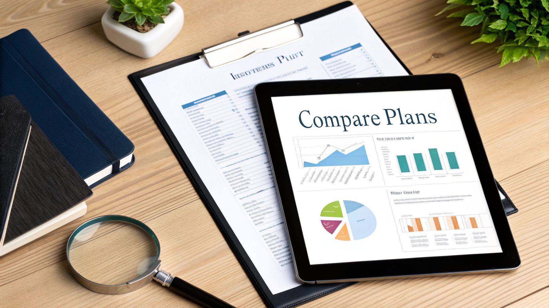A tablet displays 'Compare Plans' with charts on a wooden desk, next to documents and a magnifying glass.