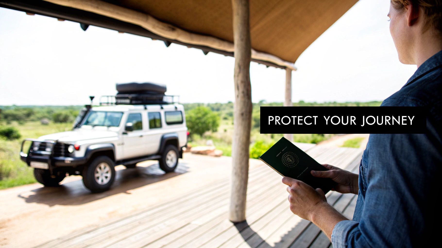 Person holding a passport looking at a white safari vehicle on a deck, with 'PROTECT YOUR JOURNEY' text.