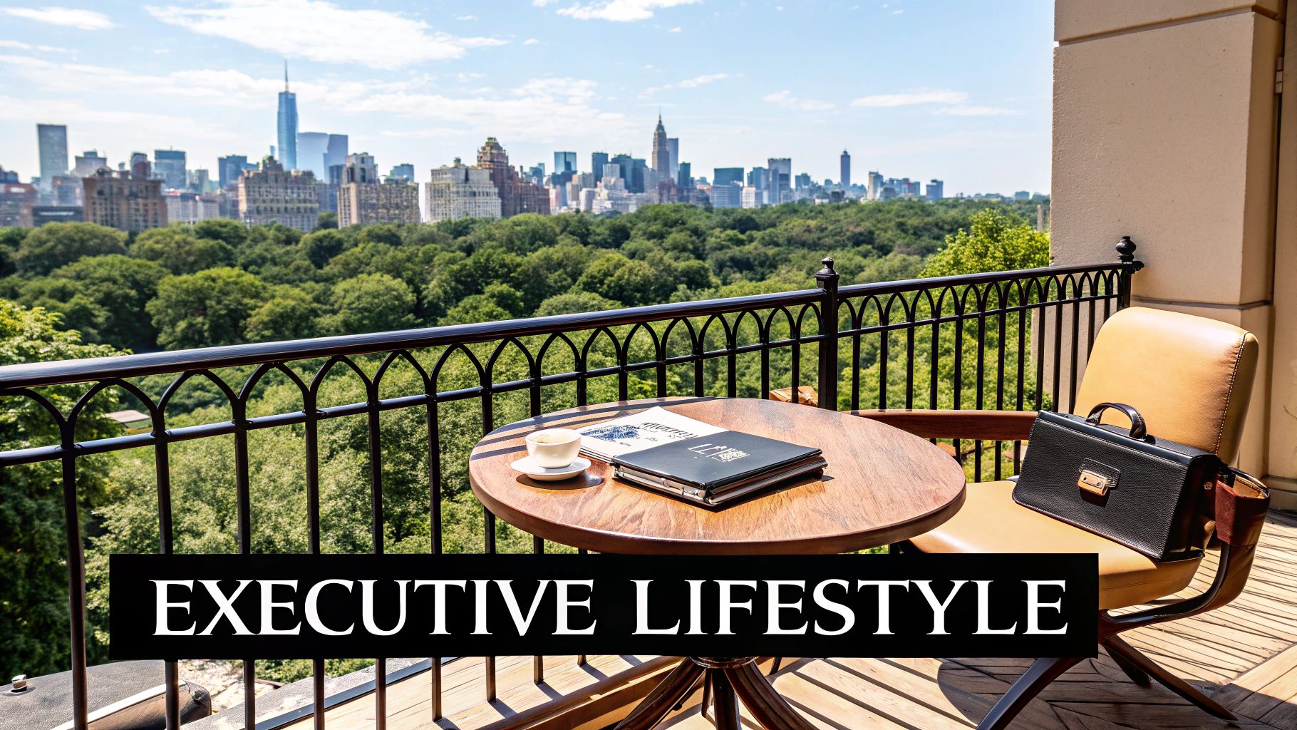 Luxurious balcony view of New York City skyline and Central Park, with coffee and a briefcase.