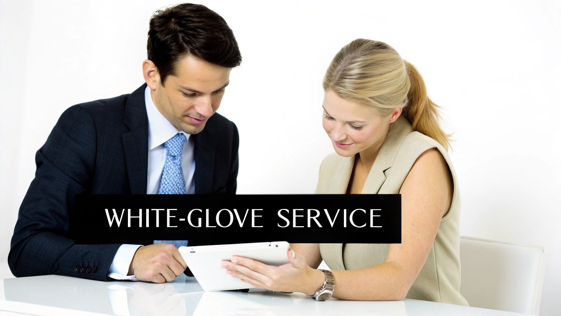 Two business professionals, a man and a woman, collaborate while looking at a tablet.