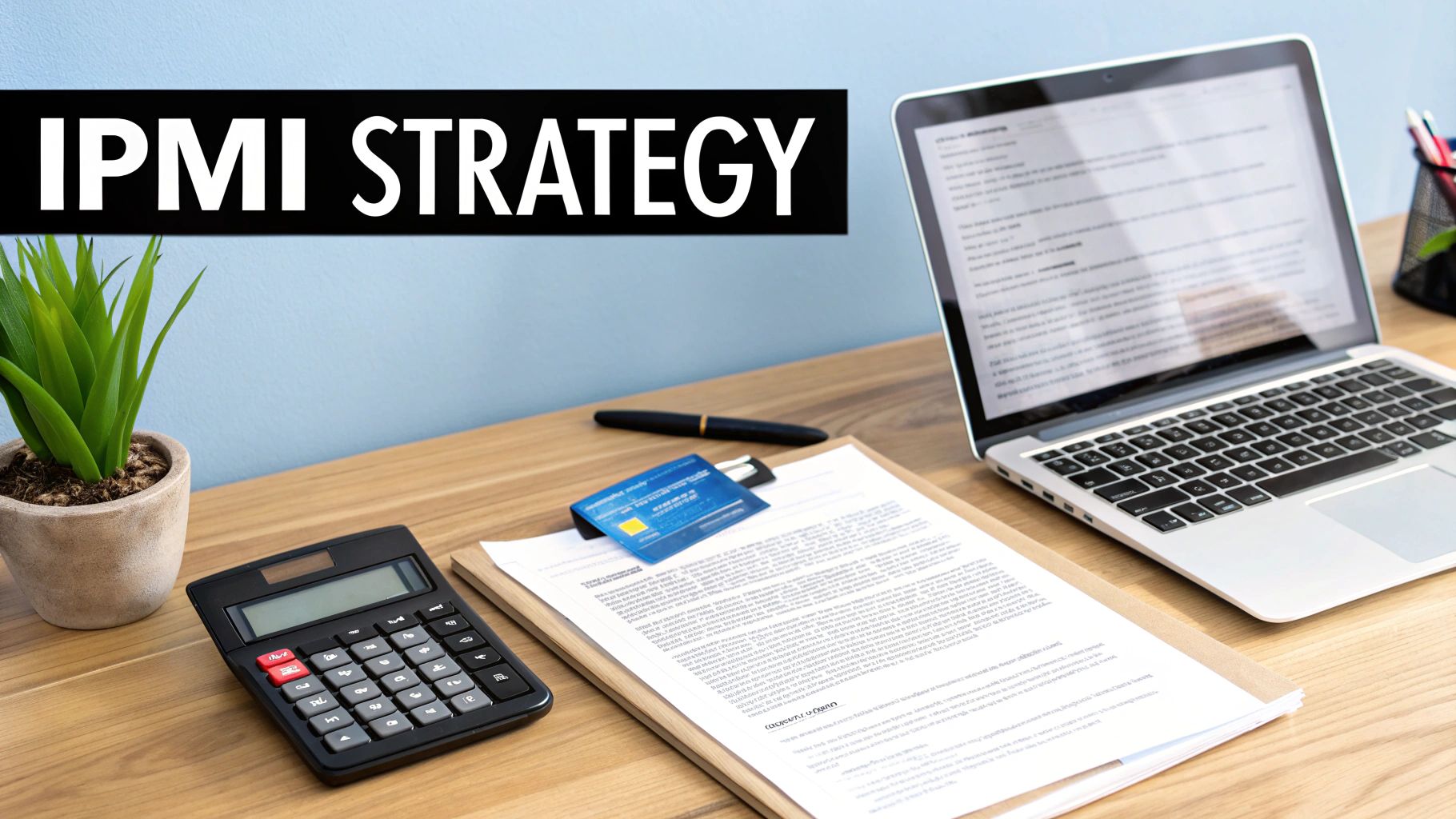 A desk setup with a laptop, calculator, documents, and a banner displaying 'IPMI STRATEGY'.