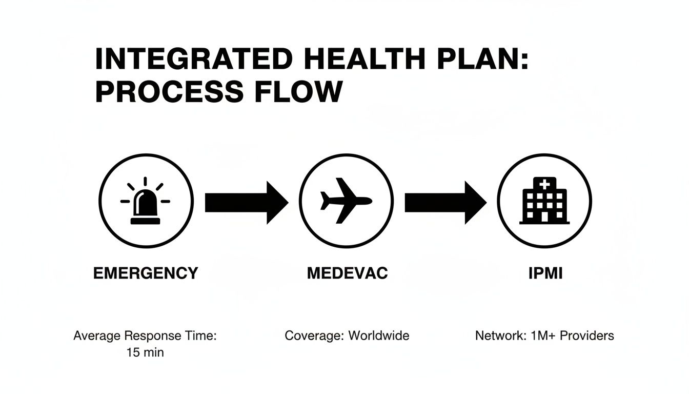 A process flow diagram for an integrated health plan showing emergency, medevac, and IPMI steps.