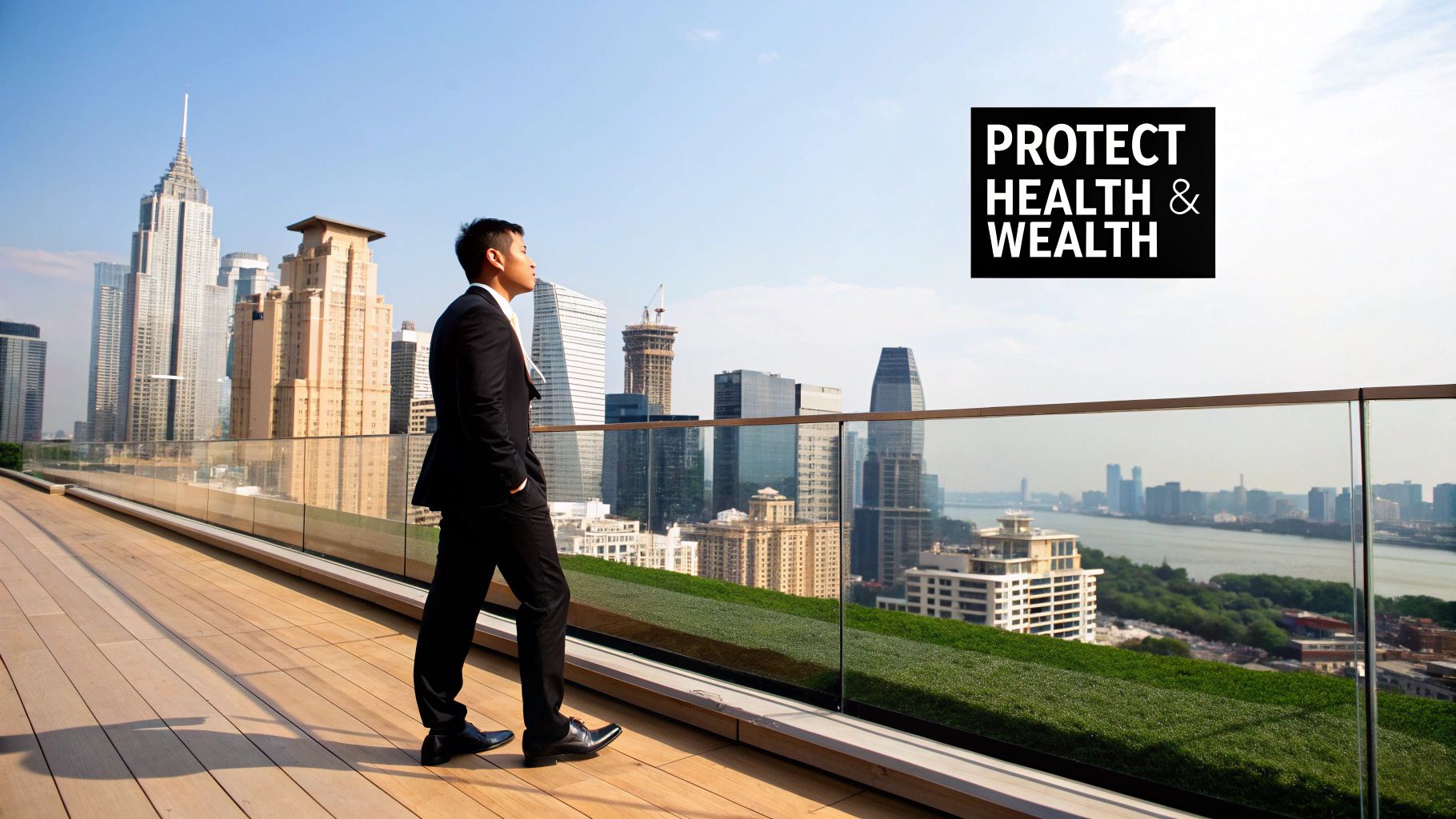A businessman stands on a modern rooftop overlooking a bustling city skyline and river, with the text 'PROTECT HEALTH & WEALTH'.