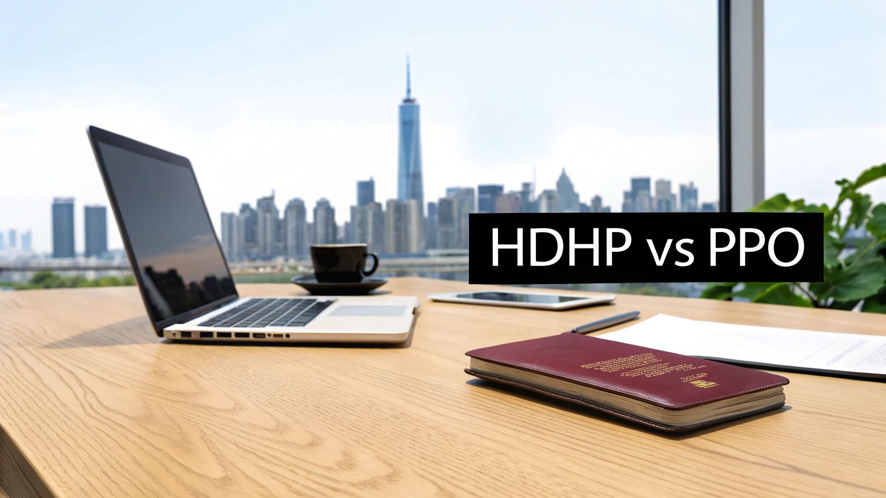 A desk with a laptop, coffee, and city skyline, highlighting 'HDHP vs PPO' health plan comparison.
