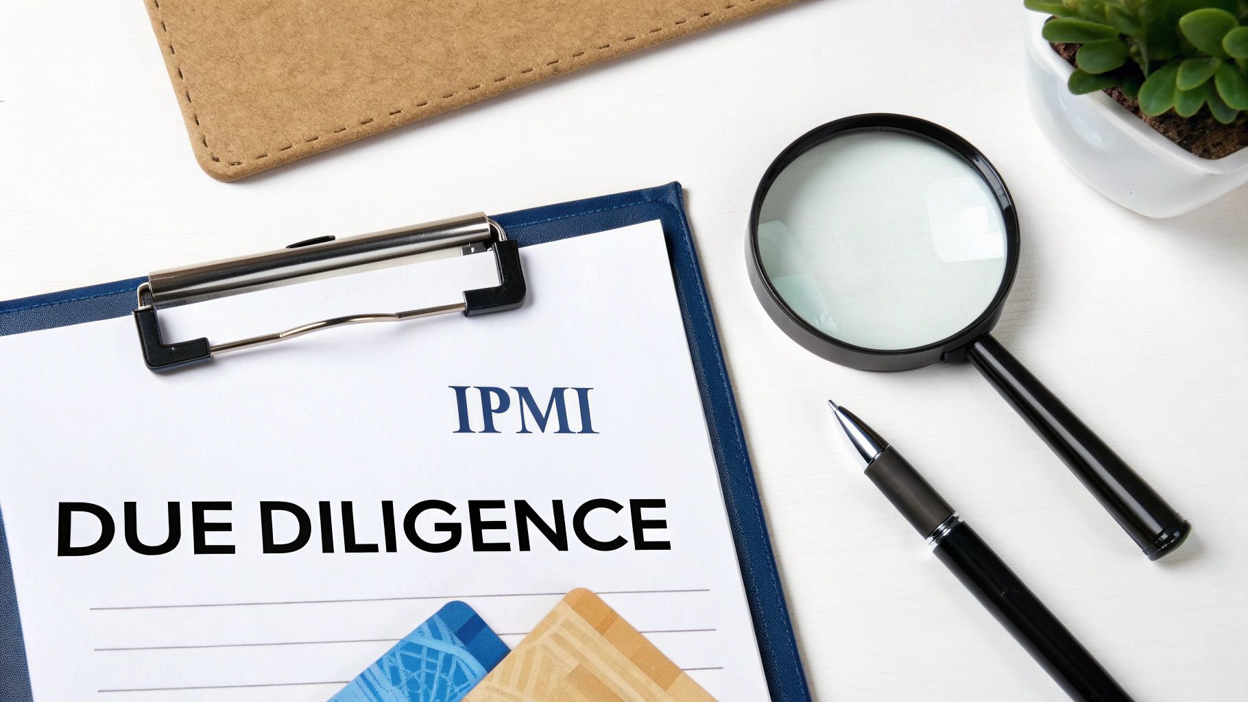 A document titled 'IPMI Due Diligence' on a clipboard with a magnifying glass and pen.