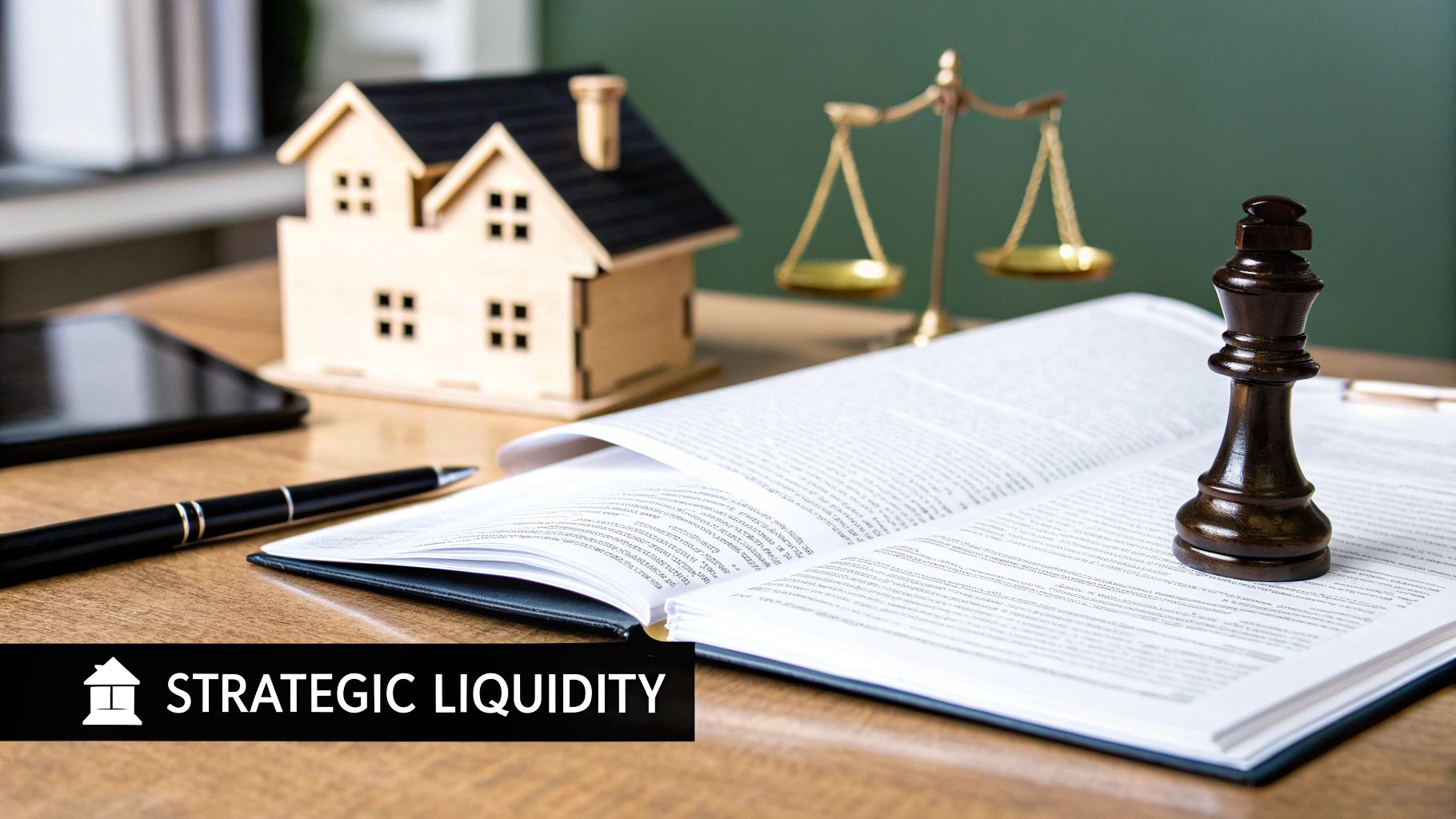 A desk with a house model, scales of justice, an open book, and a chess king.