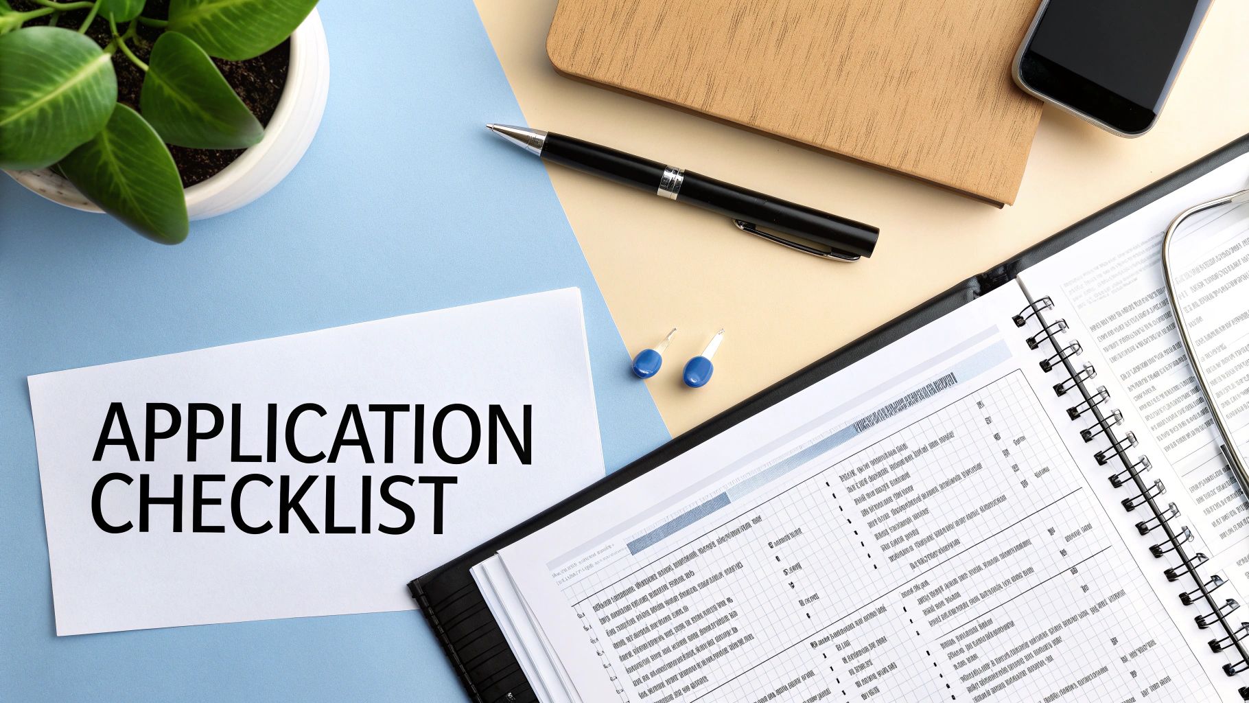 Application checklist document on desk with pen, notebook, smartphone, and plant for insurance paperwork