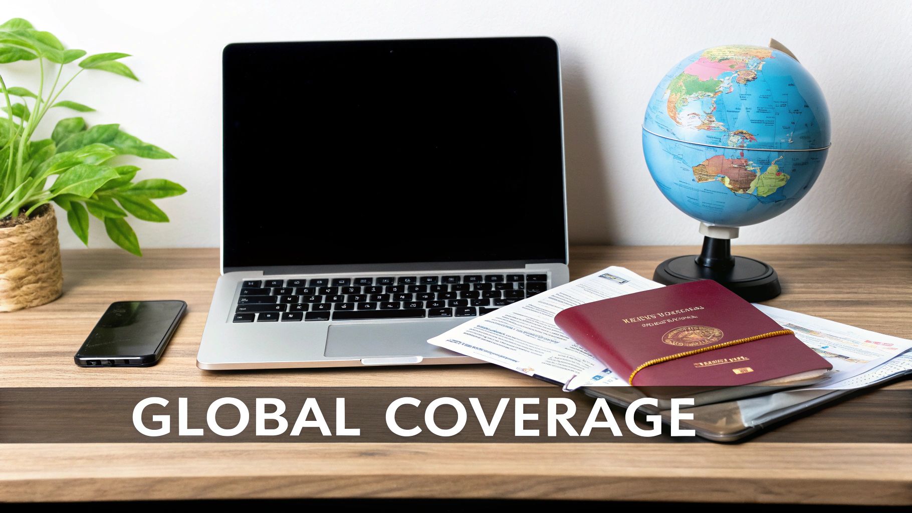 A desk with a laptop, smartphone, globe, and passport, implying global travel or international business.