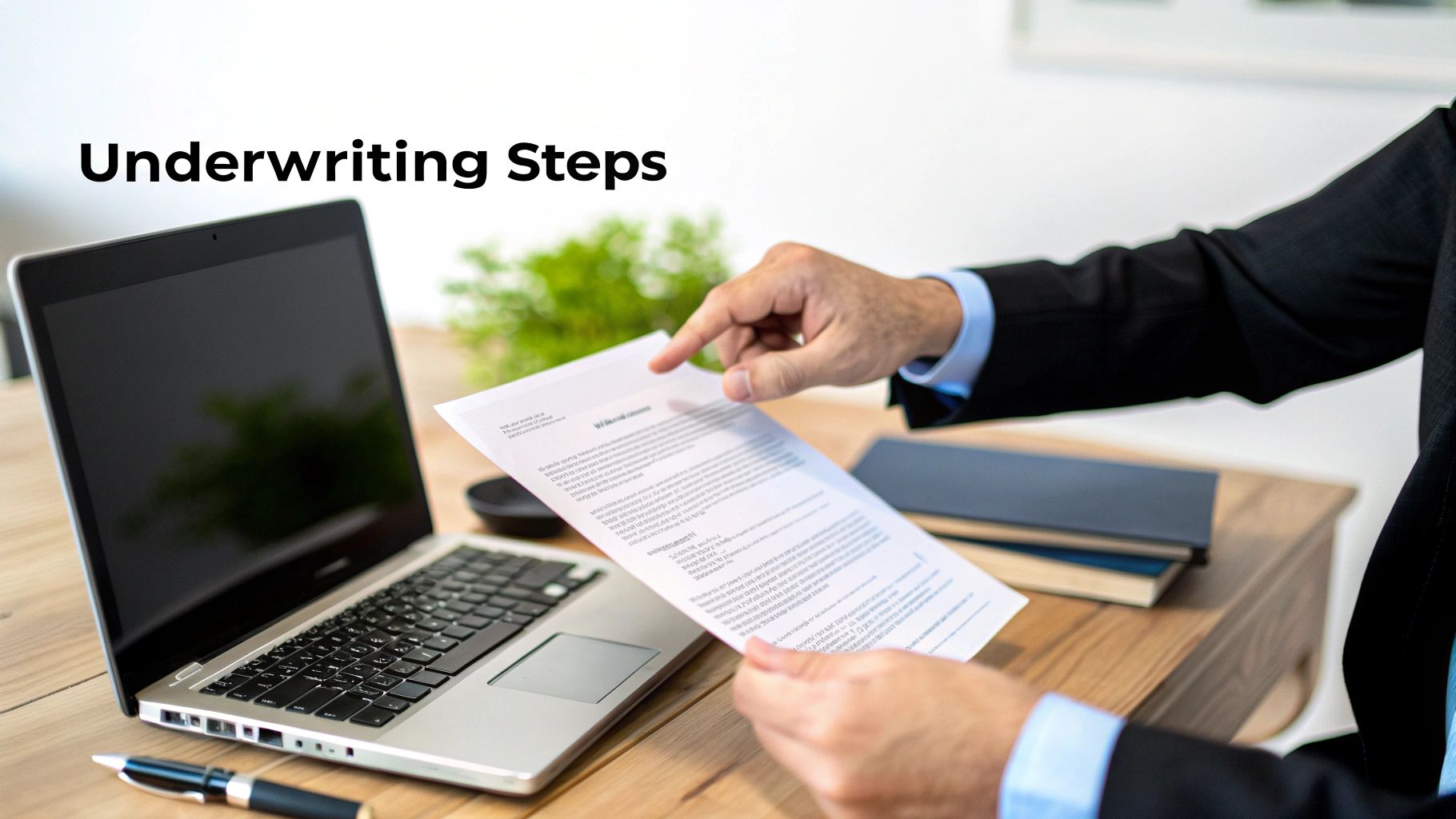 A professional reviews a document with "Underwriting Steps" text, a laptop, and a pen on a desk.