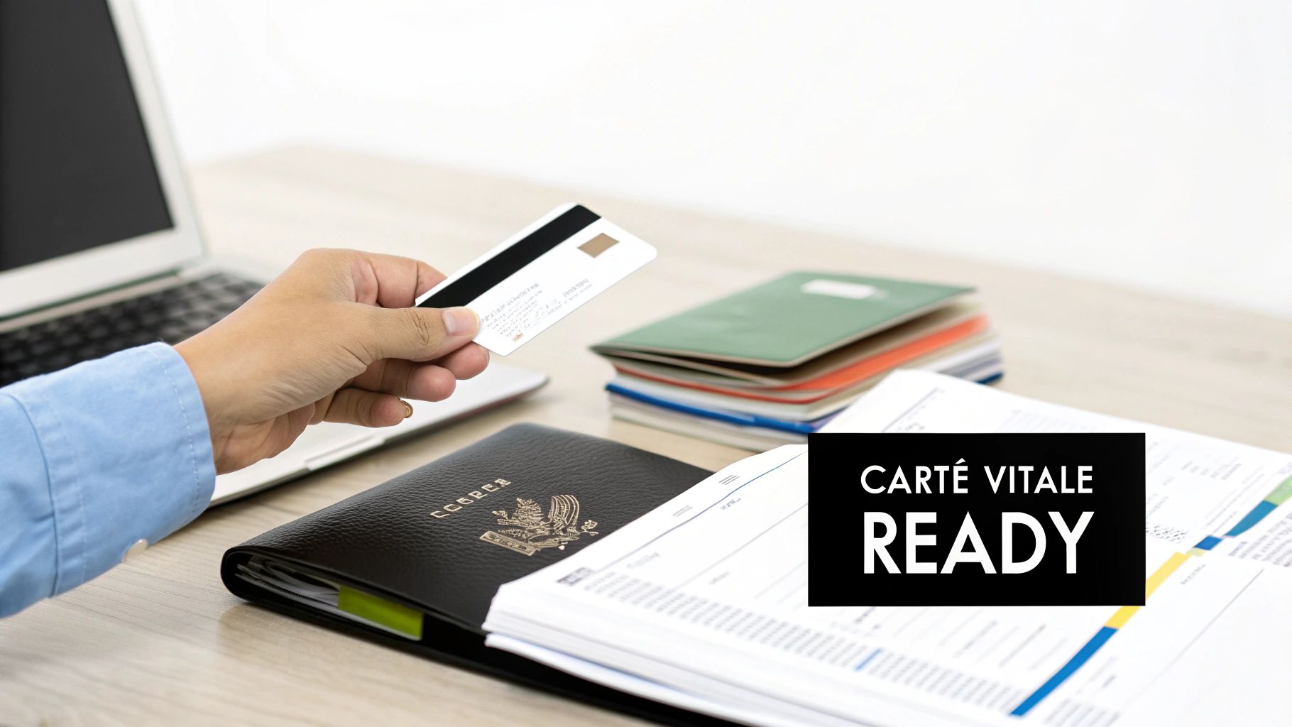 A hand holding a white health card over a laptop, with documents on a desk, and 'Carté Vitale Ready' text overlay.