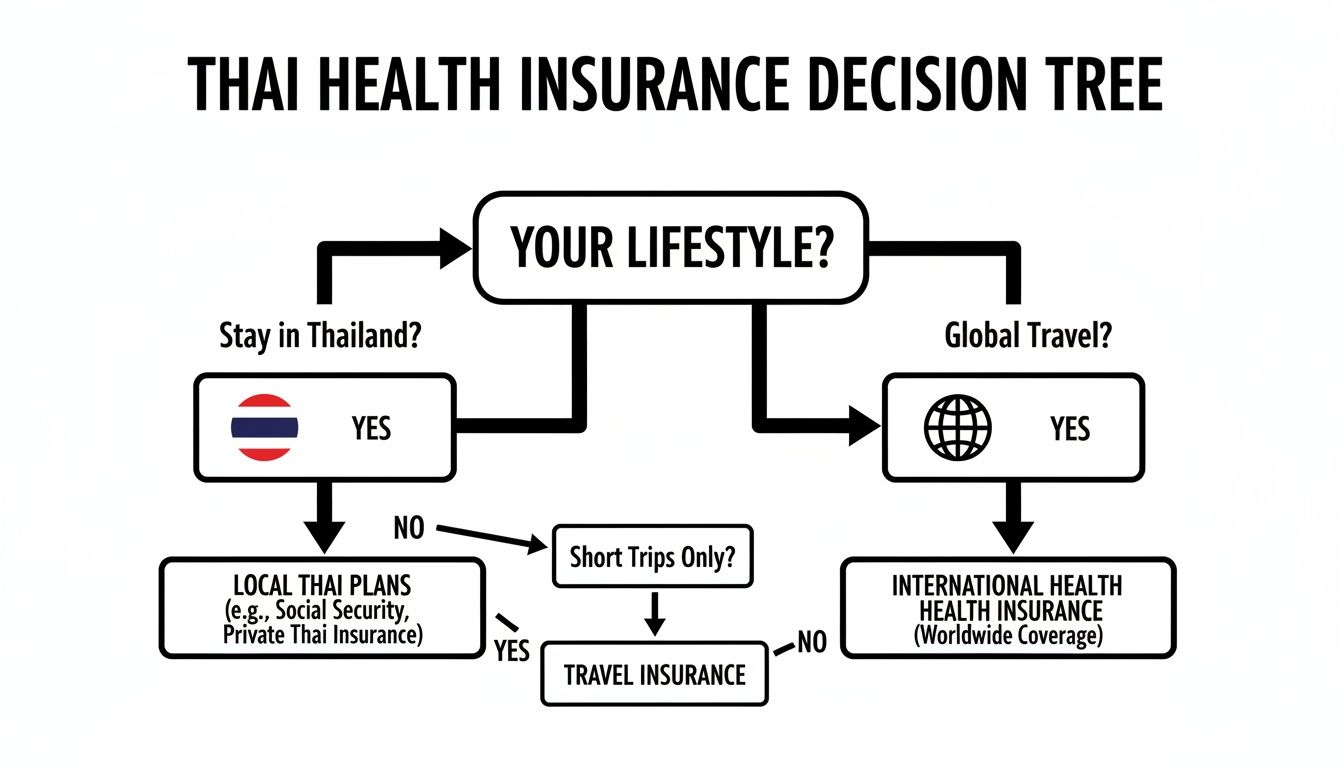 A flowchart outlining Thai health insurance choices based on lifestyle, travel, and residency decisions.