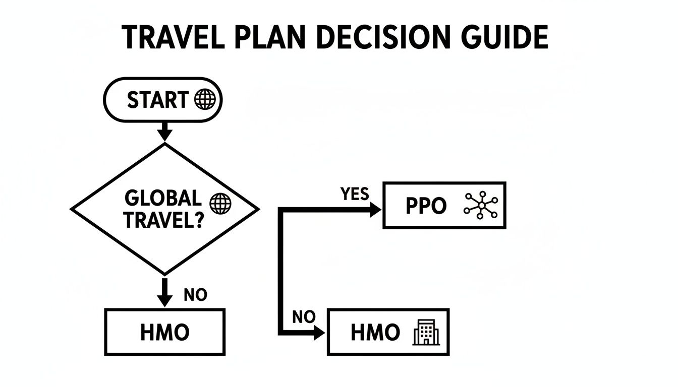 A flowchart titled 'Travel Plan Decision Guide' showing a path from 'Start' to 'HMO' or 'PPO' based on 'Global Travel?'.