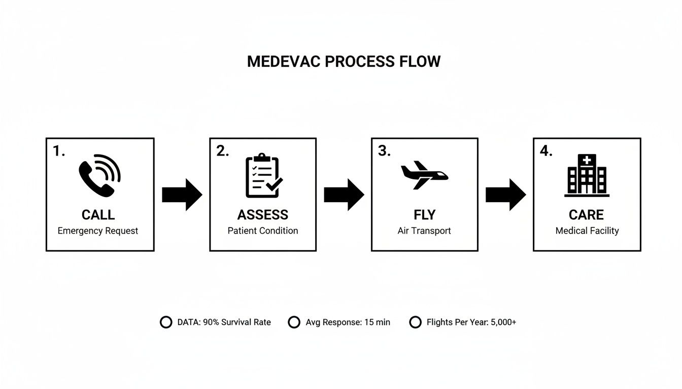 A detailed medevac process flow diagram showing steps from call to care with key performance data.