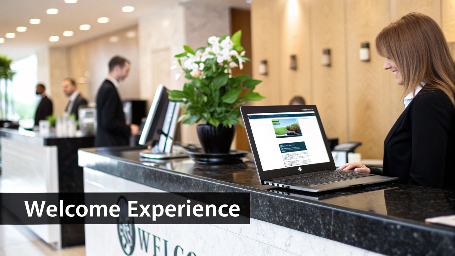 A professional team member warmly greeting a new client in a modern office setting, symbolizing a personalized welcome.
