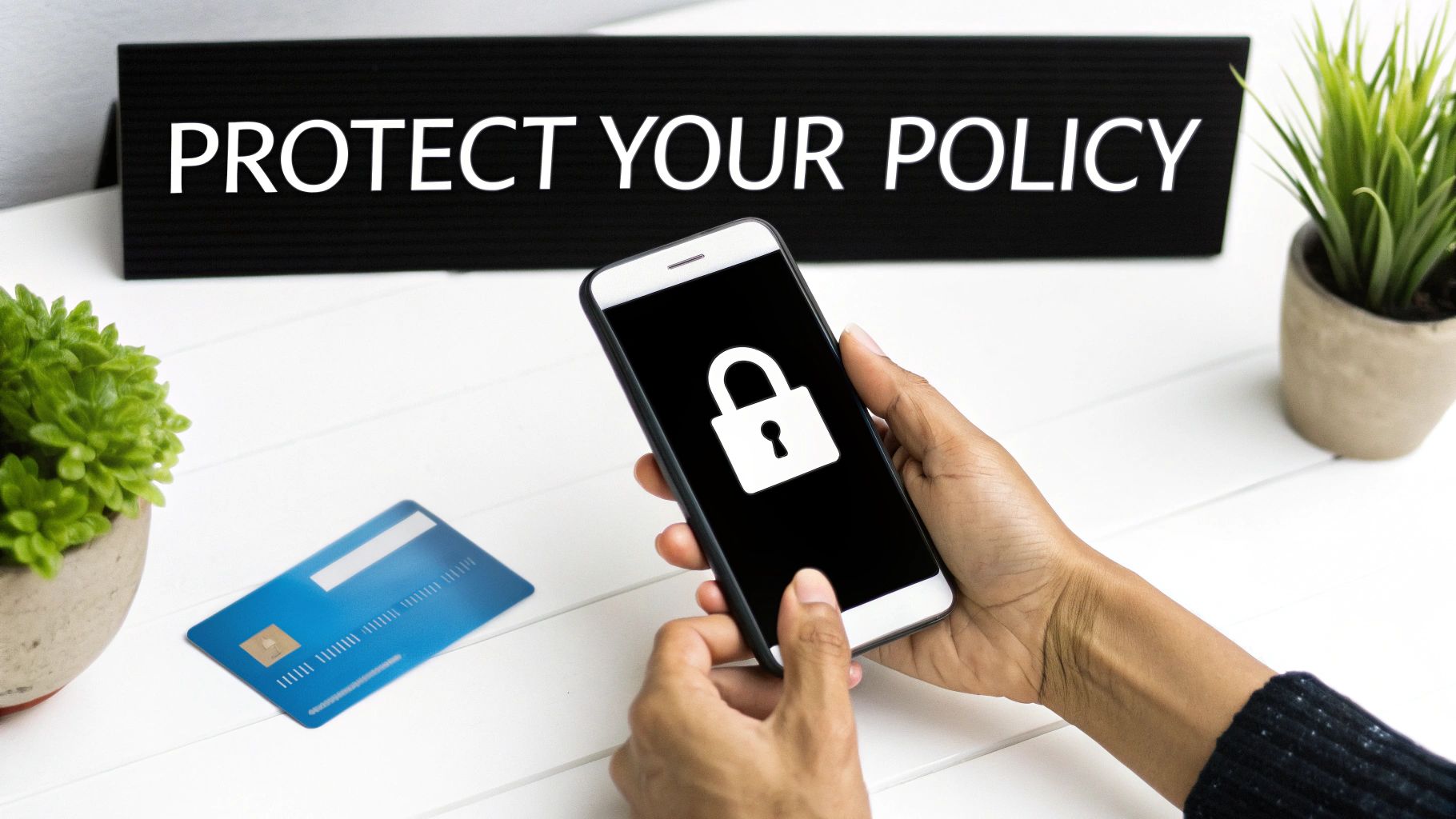 A person holds a smartphone displaying a padlock icon, next to a credit card and a 'PROTECT YOUR POLICY' sign.
