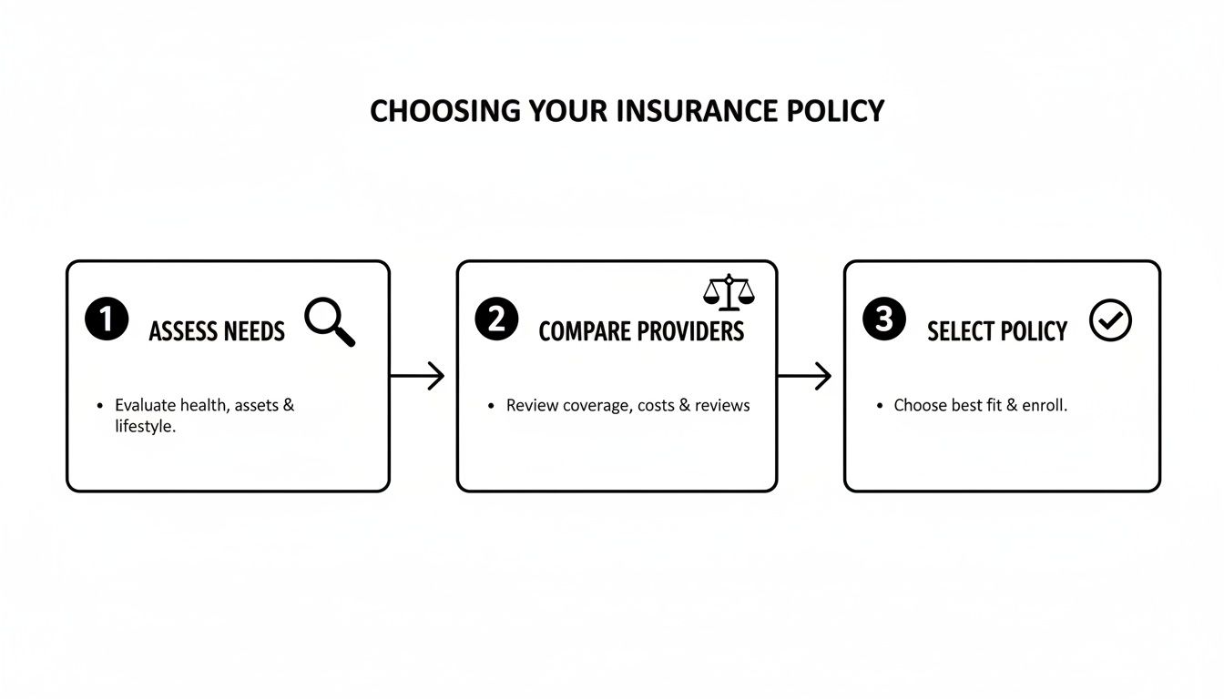 A three-step process diagram for choosing an insurance policy: assess needs, compare providers, and select.