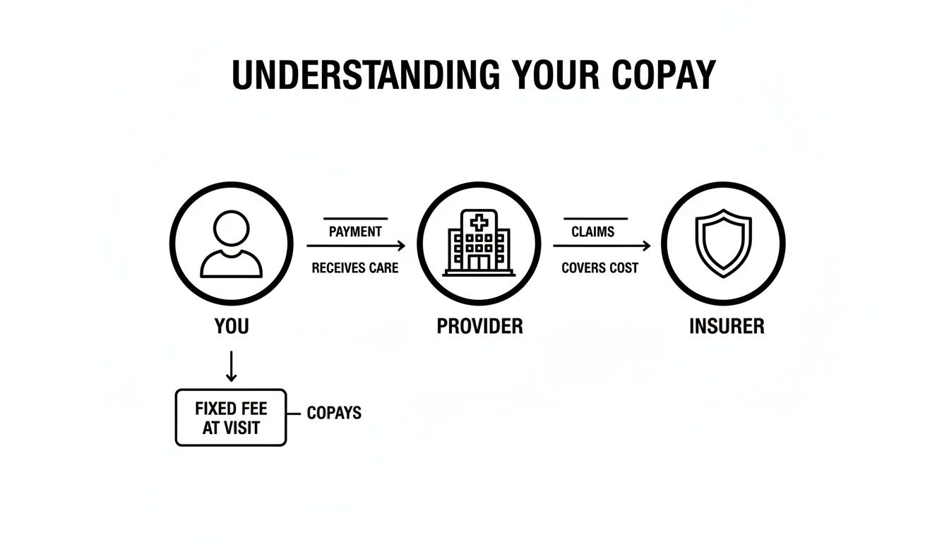 A diagram explaining how copay works between a patient, a healthcare provider, and an insurer.
