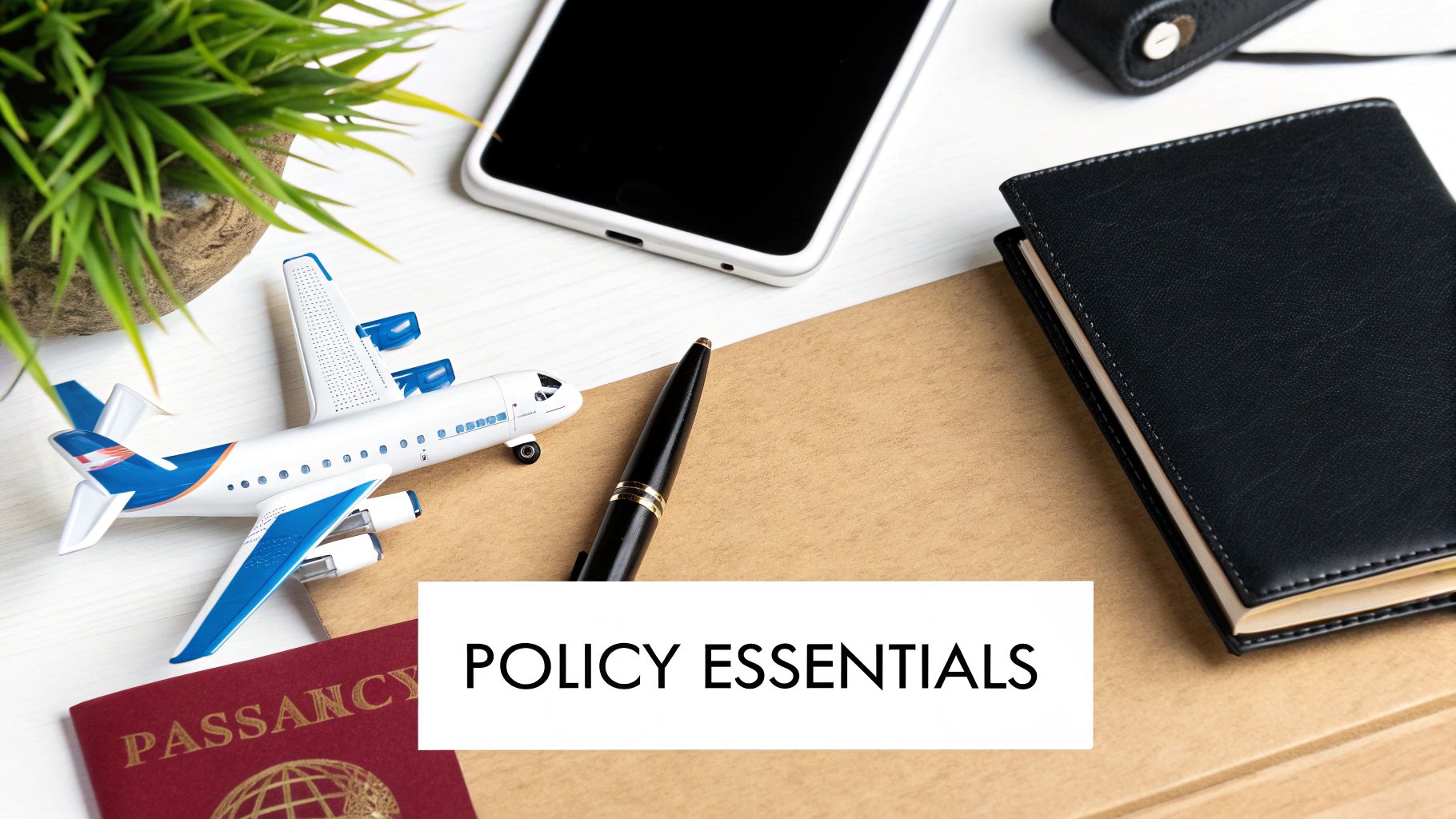 A travel-themed flat lay with a passport, airplane model, and a pen, featuring 'POLICY ESSENTIALS' text.